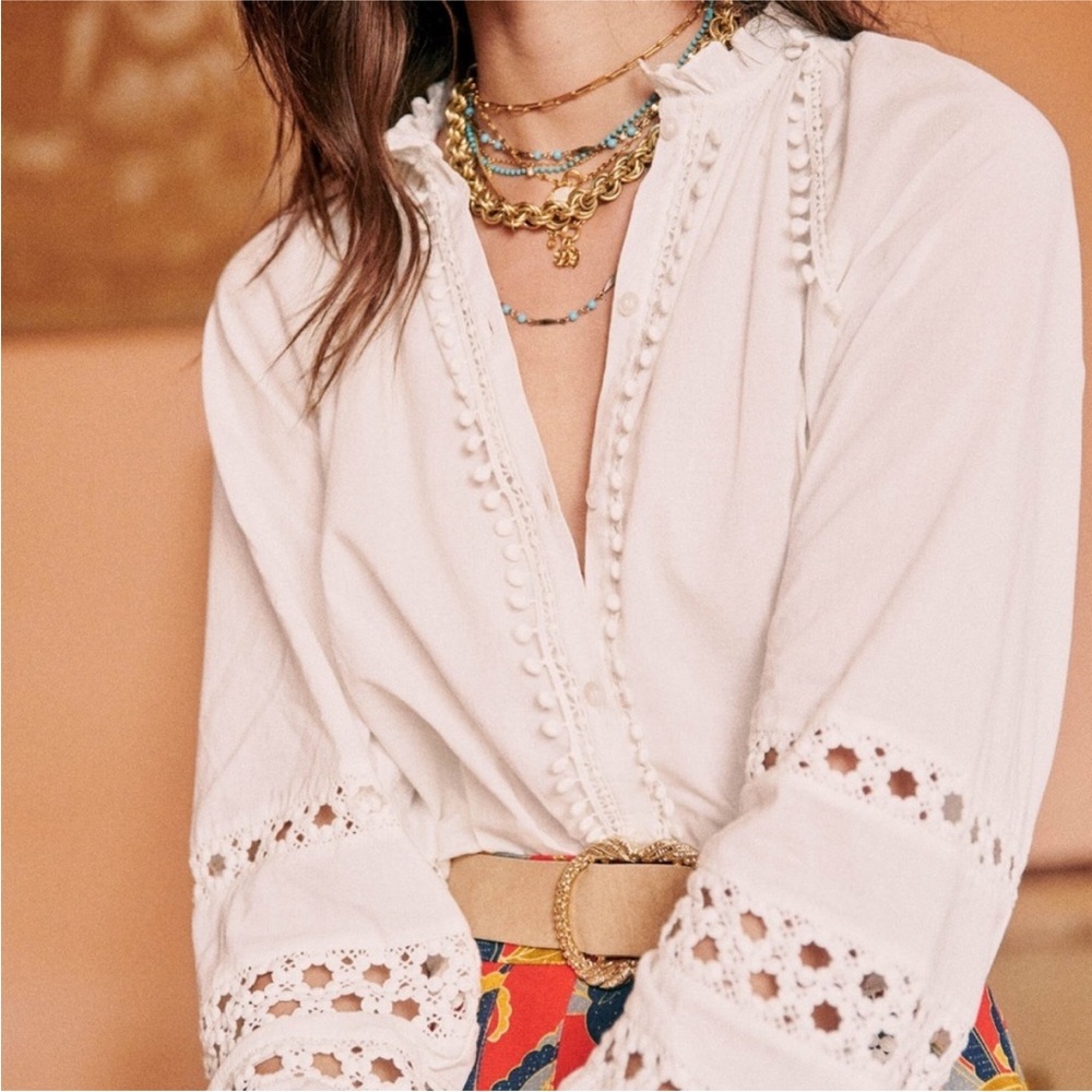 Sézane Beatriz White Lace Detail Women's Top
